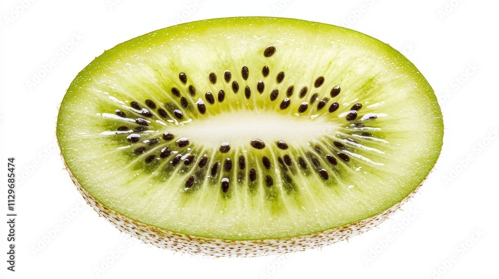 Kiwi fruit cut in unique cross-section, dynamic diagonal perspective, juicy and fresh detail, isolated on white background Kiwi fruit cut in unique cross-section, dynamic diagonal perspective, juicy and fresh detail, isolated on white background
