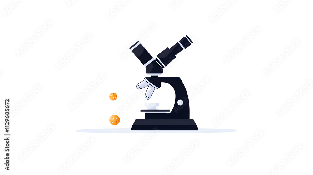 A flat design of a microscope focused on a tiny organism, with the organism represented by a small circle. Simple microscope and organism. A flat design of a microscope focused on a tiny organism, with the organism represented by a small circle. Simple microscope and organism.