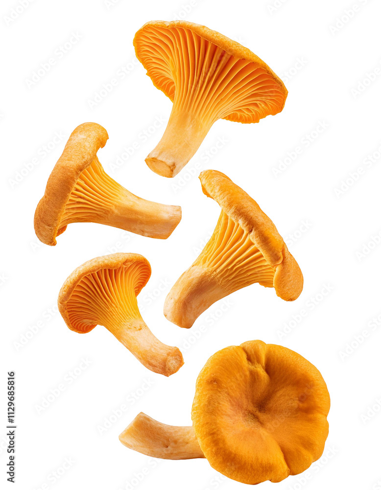 Fresh chanterelle mushrooms falling on transparent background Fresh chanterelle mushrooms falling on transparent background