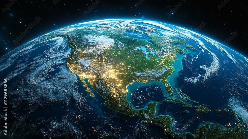 Illuminated earth from space highlighting North America's economic hubs and bustling night activity Illuminated earth from space highlighting North America's economic hubs and bustling night activity