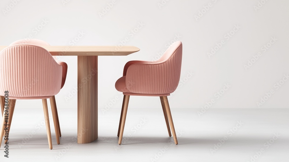 A modern dining table with matching chairs, minimalistic wooden design, fabric seats, perspective view, isolated on white background A modern dining table with matching chairs, minimalistic wooden design, fabric seats, perspective view, isolated on white background