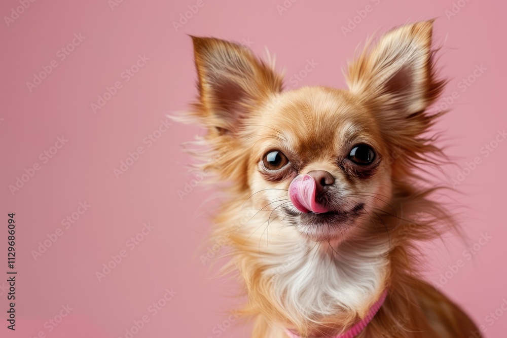Chihuahua shows pink tongue for text space Chihuahua shows pink tongue for text space