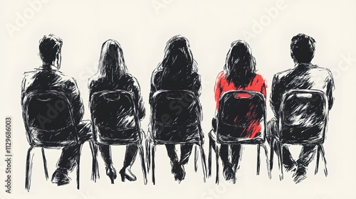 A hand-drawn illustration of an audience sitting in chairs, seen from the side The people have their backs to each other and appear focused on what is being thought or put into writing,


 photo