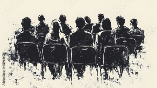 A hand-drawn illustration of an audience sitting in chairs, seen from the side The people have their backs to each other and appear focused on what is being thought or put into writing,


 photo