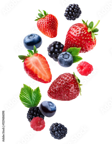 Mix of delicious ripe berries falling on transparent background