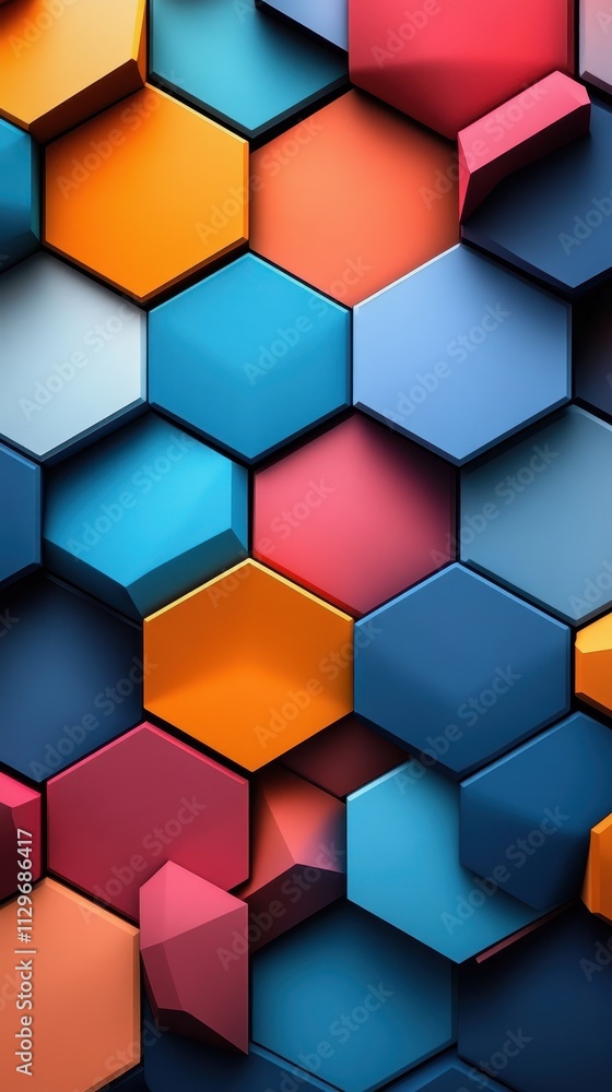 Abstract Geometric Pattern of Overlapping Hexagons in Vibrant Multicolored Shades Abstract Geometric Pattern of Overlapping Hexagons in Vibrant Multicolored Shades