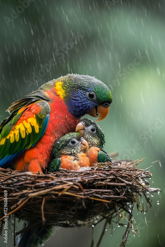 Vibrant Parrot Protecting Its Chicks in a Nest During Rainfall photo