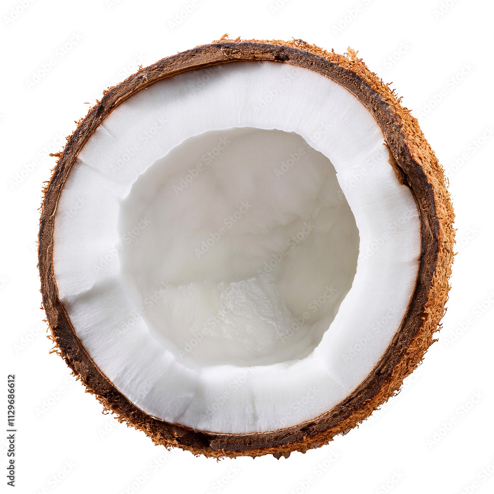 Half coconut showing white flesh and brown shell on transparent background Half coconut showing white flesh and brown shell on transparent background