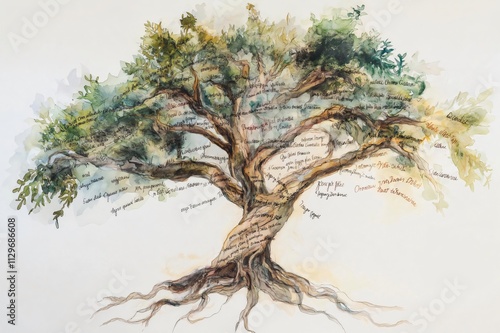Watercolor painting representing a family tree with the names of family members written on its branches