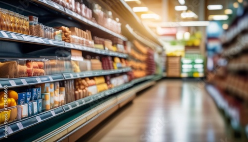 Retail store shelf with various products, symbolizing commerce, sales, and inventory.