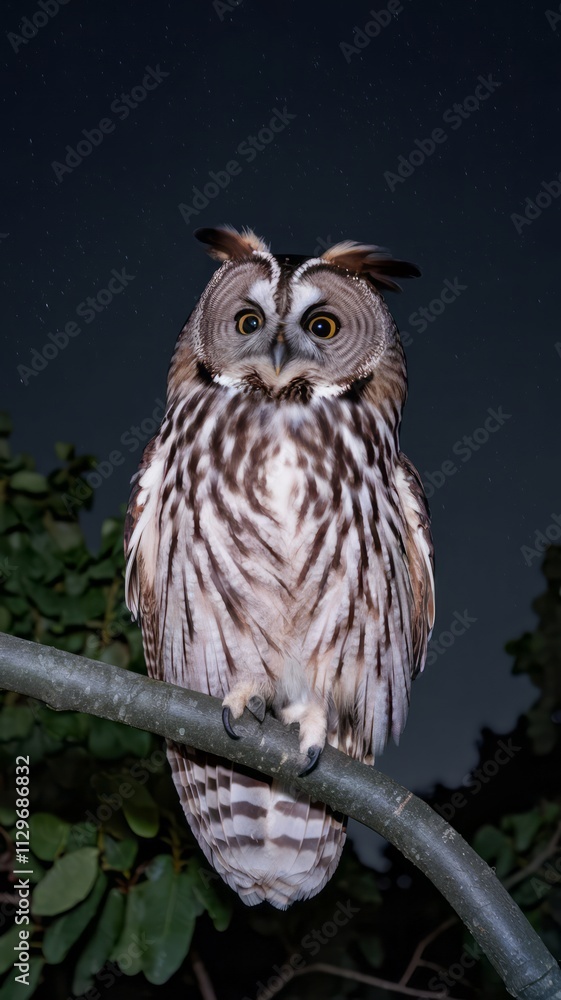 A large owl is perched on a tree branch in the dark. The owl is looking at the camera, and the scene is quiet and peaceful A large owl is perched on a tree branch in the dark. The owl is looking at the camera, and the scene is quiet and peaceful