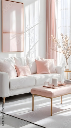 Contemporary pink and white living room, plush sofas in soft tones, large open windows, geometric decor, cozy and inviting environment