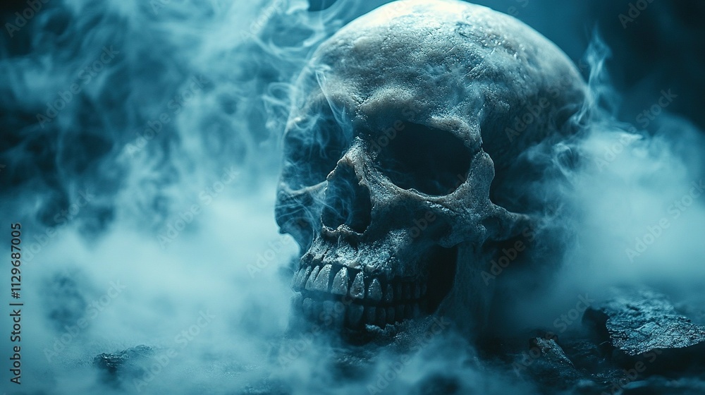 Human Skull Enveloped In Ethereal Blue Smoke Human Skull Enveloped In Ethereal Blue Smoke