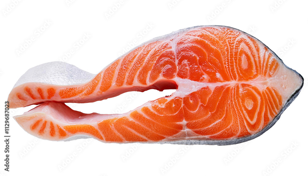 Fresh salmon steak showing red meat and white fat on transparent background Fresh salmon steak showing red meat and white fat on transparent background