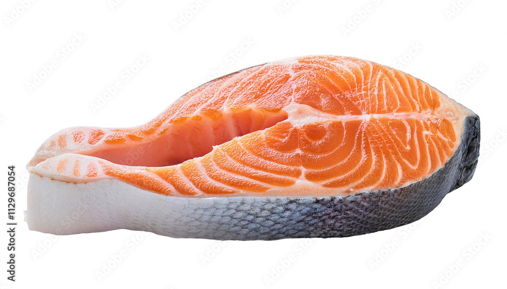 Fresh salmon steak showing red meat and gray skin on transparent background Fresh salmon steak showing red meat and gray skin on transparent background