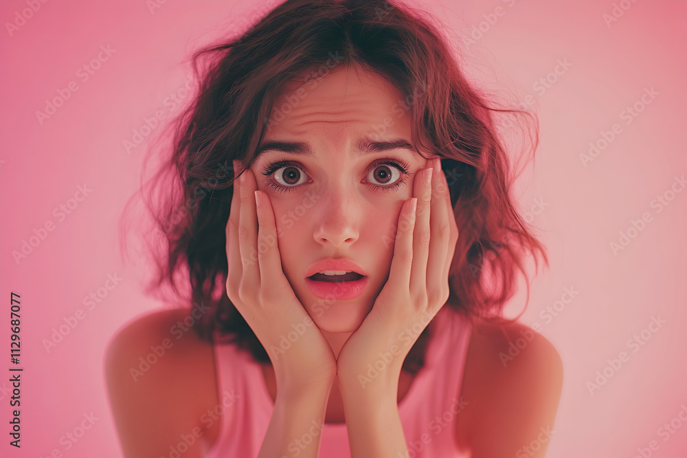 Isolated expression of a worried woman, hands on her face, framed in pink tones - Isolated expression of a worried woman, hands on her face, framed in pink tones -