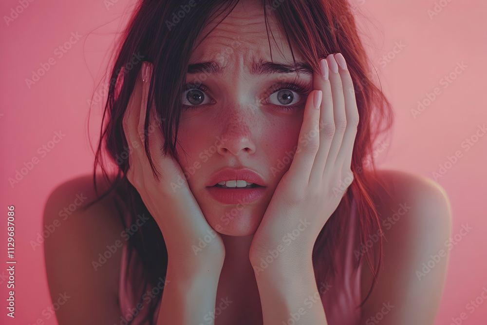 Isolated expression of a worried woman, hands on her face, framed in pink tones - Isolated expression of a worried woman, hands on her face, framed in pink tones -