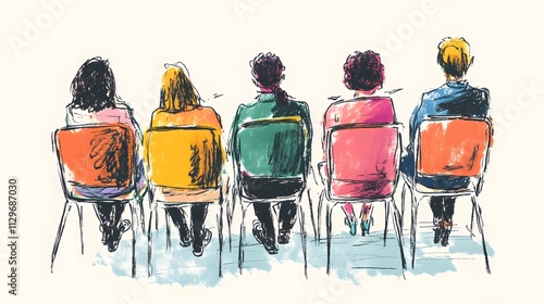 A hand-drawn illustration of an audience sitting in chairs, seen from the side The people have their backs to each other and appear focused on what is being thought or put into writing,


 photo