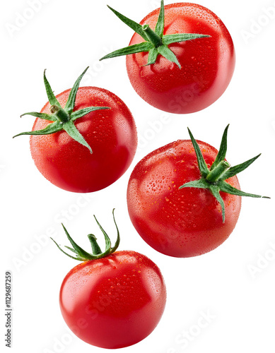 Four fresh red tomatoes with water droplets falling on transparent background photo