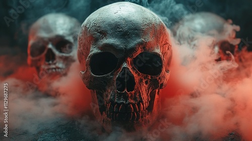 Three Skulls Enveloped In Eerie Smoky Haze photo