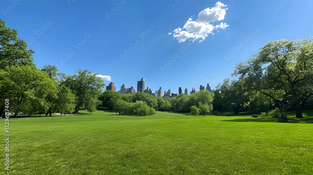 lush green park with a pristine grass lawn, scattered trees, and an open blue sky - lush green park with a pristine grass lawn, scattered trees, and an open blue sky -