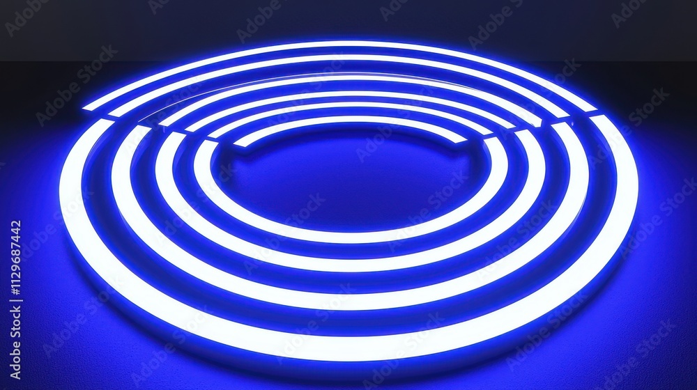 Illuminated circular neon design modern gallery digital art indoor space abstract concept Illuminated circular neon design modern gallery digital art indoor space abstract concept