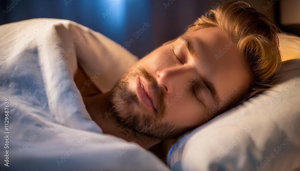 Person sleeping peacefully in bed, symbolizing rest, relaxation, and dreams.