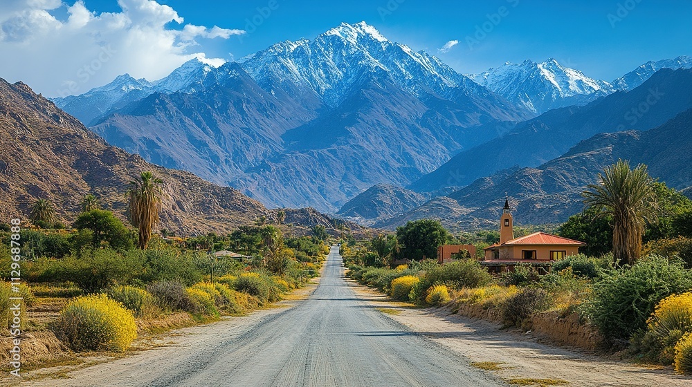Fototapeta premium Mountain Village Road Scenic View With Snow Capped Peaks