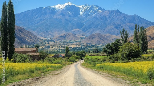 Mountain Valley Road Rural Landscape Yellow Flowers