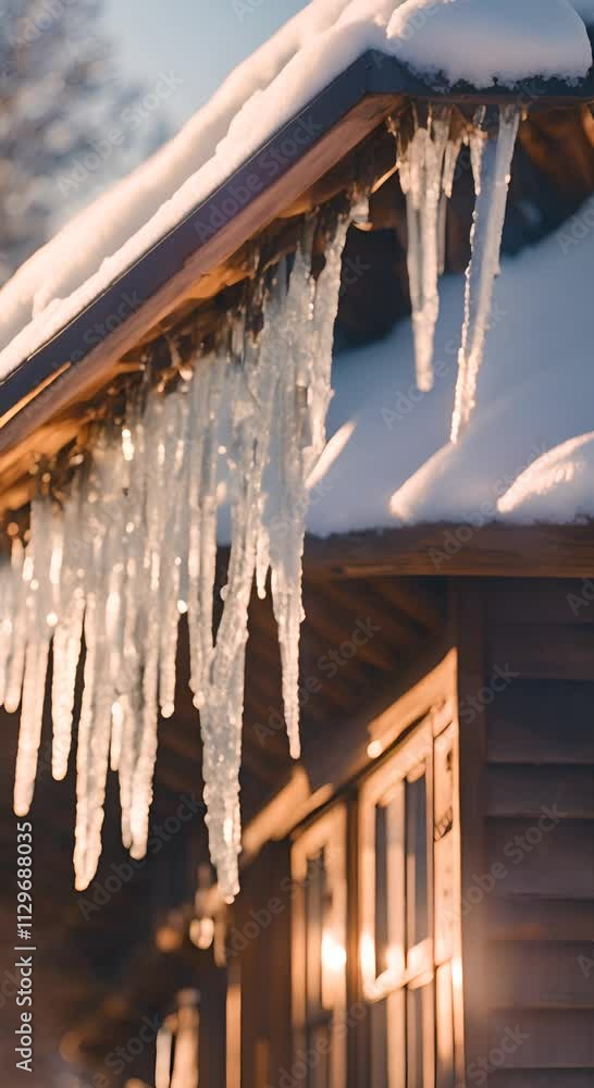 Icicles hanging from roof in winter sunlight 4K vertical Icicles hanging from roof in winter sunlight 4K vertical
