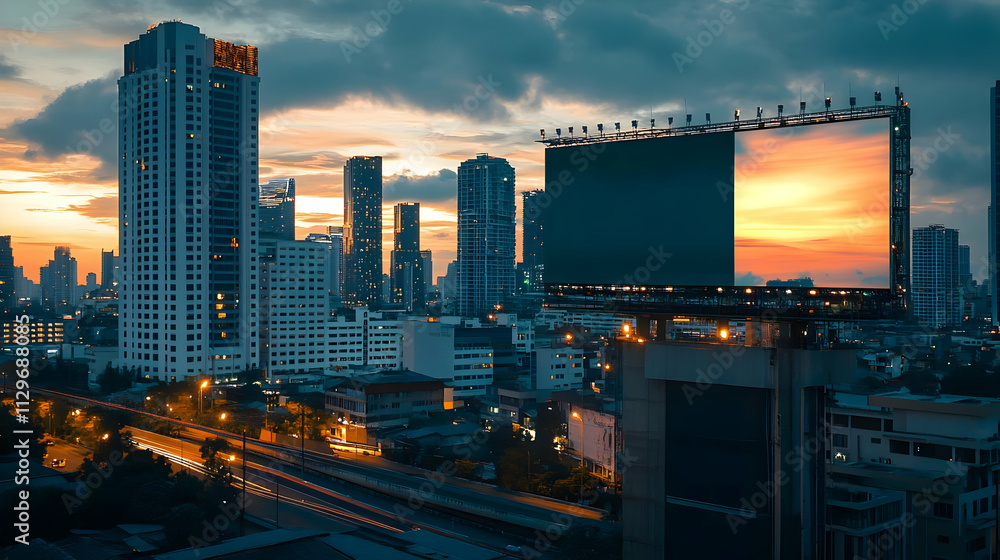 Billboard mockup - City skyline at sunset with an empty billboard and urban landscape. Billboard mockup - City skyline at sunset with an empty billboard and urban landscape.