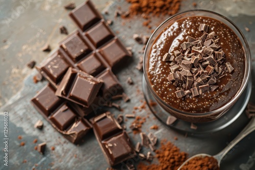 Wallpaper Mural Chocolate chia pudding and chocolate cubes on wooden table vegan breakfast with space Top view Torontodigital.ca