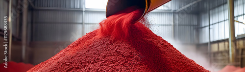 Pouring red phosphate fertilizers into a pile in a storage facility  -