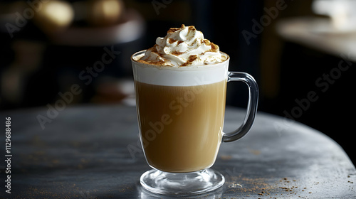 pumpkin latte topped with spices and whipped cream presented on a cozy grey table -