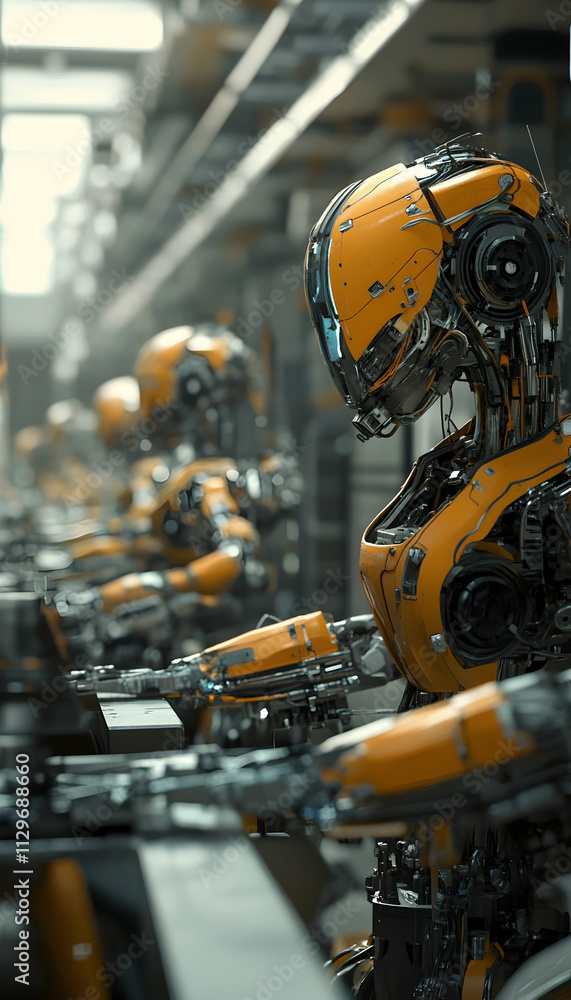 Robots working together on a car assembly line in a highly automated manufacturing facility. - Robots working together on a car assembly line in a highly automated manufacturing facility. -
