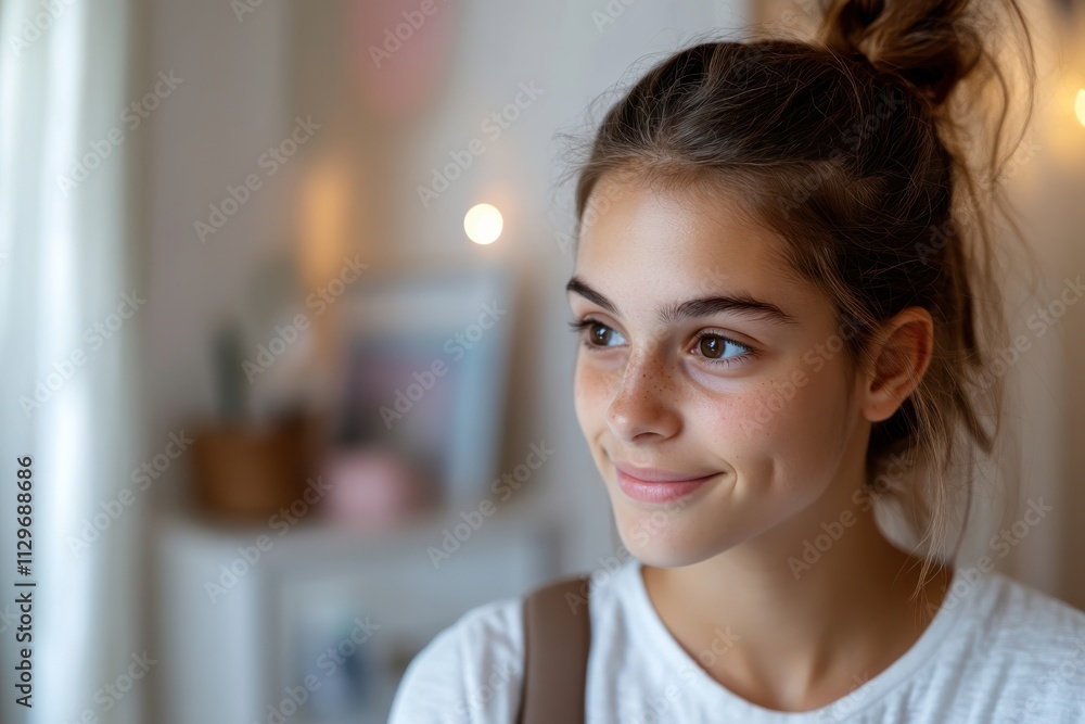 A radiant young woman with a hopeful smile poses in a cozy, well-lit space, illuminated by soft, warm natural light and reflective surfaces. A radiant young woman with a hopeful smile poses in a cozy, well-lit space, illuminated by soft, warm natural light and reflective surfaces.