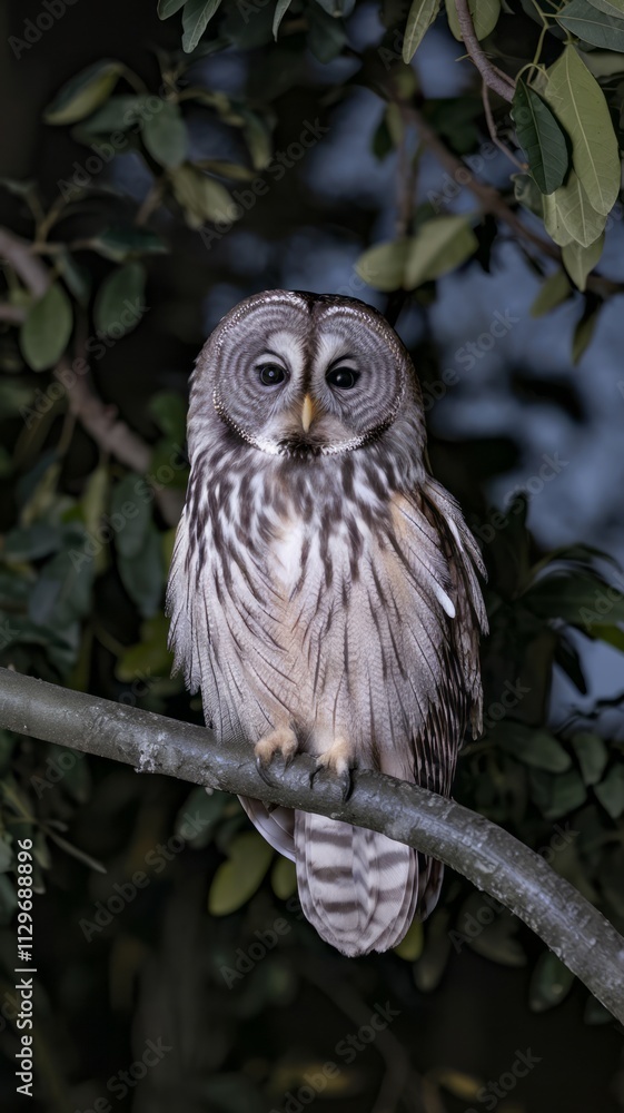 A large owl is perched on a tree branch in the dark. The owl is looking at the camera, and the scene is quiet and peaceful A large owl is perched on a tree branch in the dark. The owl is looking at the camera, and the scene is quiet and peaceful
