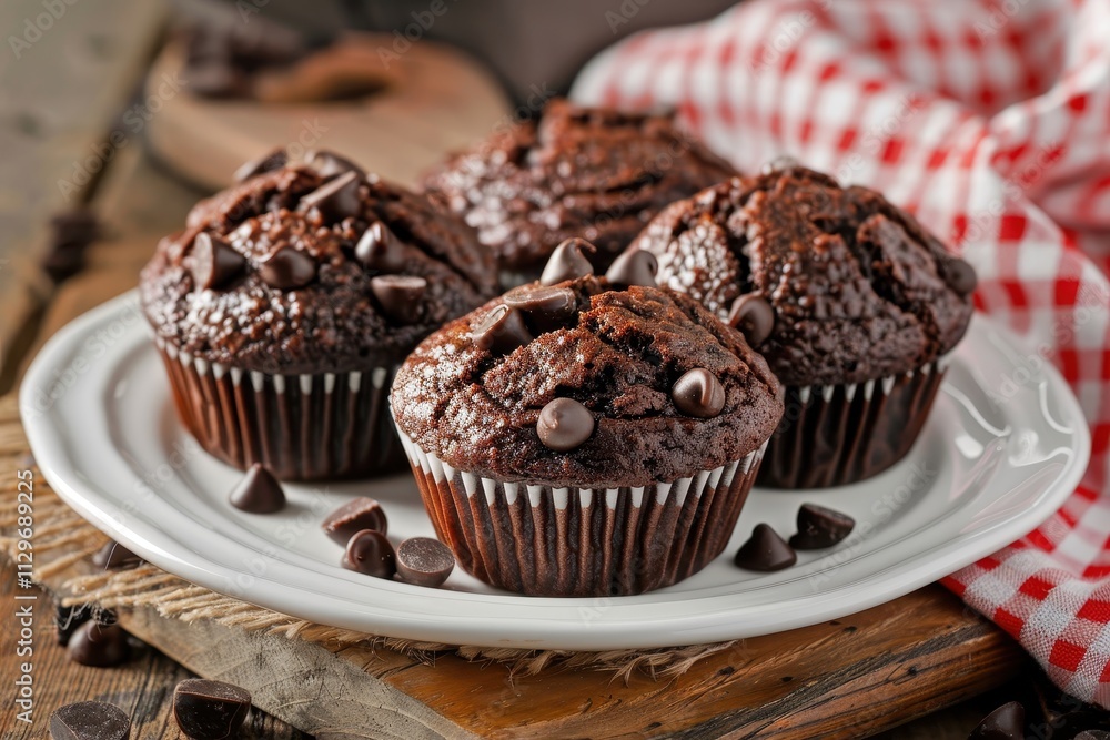 Chocolate muffins plated on white Chocolate muffins plated on white