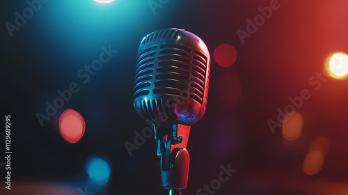 Vintage Microphone On Stage With Bokeh Light