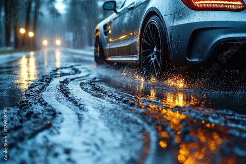  Car navigating wet road safely in rainy weather, highlighting transport and traffic safety on slippery surfaces