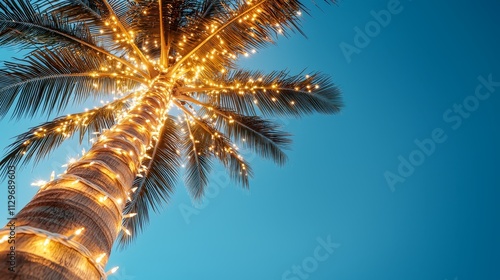tropical palm tree decorated with Christmas garland, fairy lights wrapping the trunk, glowing coconuts, blue night sky, isolated on white background