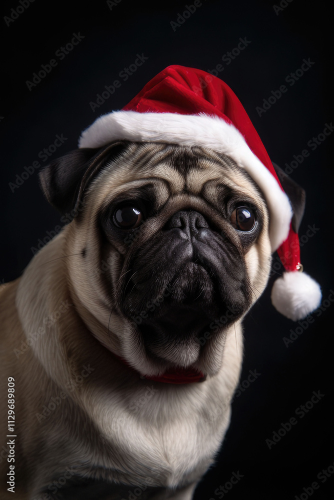Pug wearing a Santa hat with a slight smile against a dark background Pug wearing a Santa hat with a slight smile against a dark background