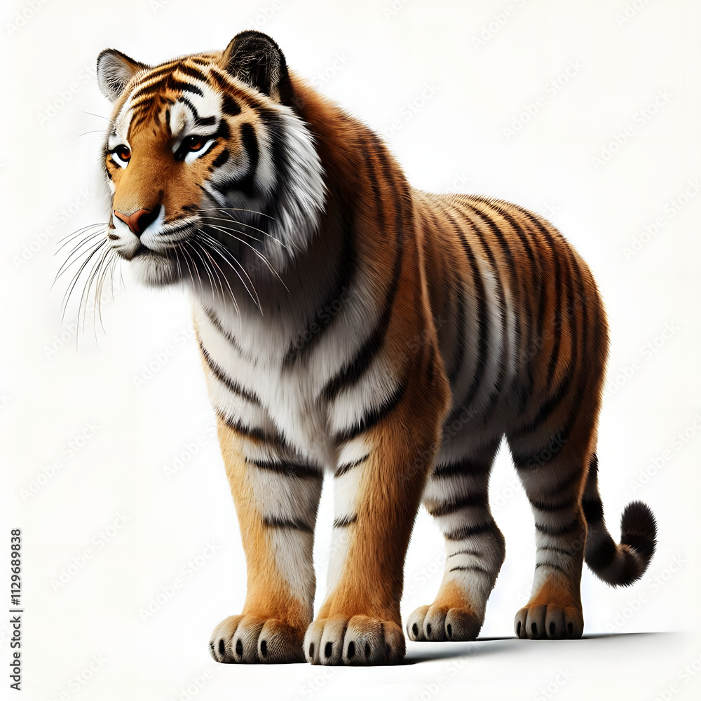 Obraz premium Tiger isolated on a white background, Side view, tiger standing full HD image generated by Ai. full body, realistic, full detail looking at the camera.