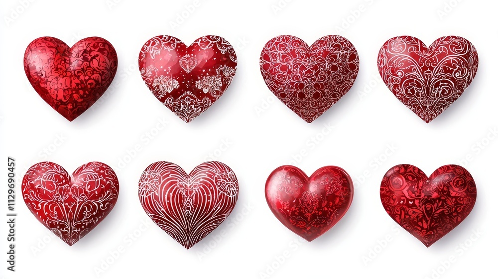 Red, hand-illustrated icons of various heart shapes, from simple to ornate, rhythmically aligned on white for Valentine vibes Red, hand-illustrated icons of various heart shapes, from simple to ornate, rhythmically aligned on white for Valentine vibes