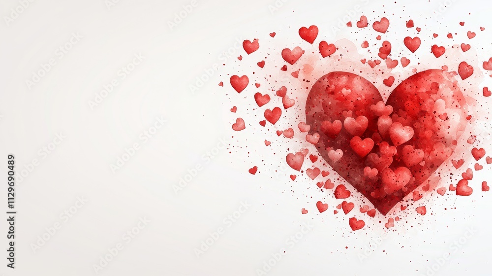 Red-painted heart sketches with a watercolor effect, blending light and dark shades, dynamically spread on a white canvas Red-painted heart sketches with a watercolor effect, blending light and dark shades, dynamically spread on a white canvas