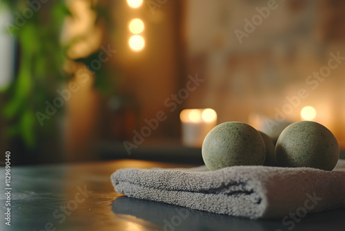 Relaxing herbal ball massage therapy session in a serene spa environment, AI Generated photo