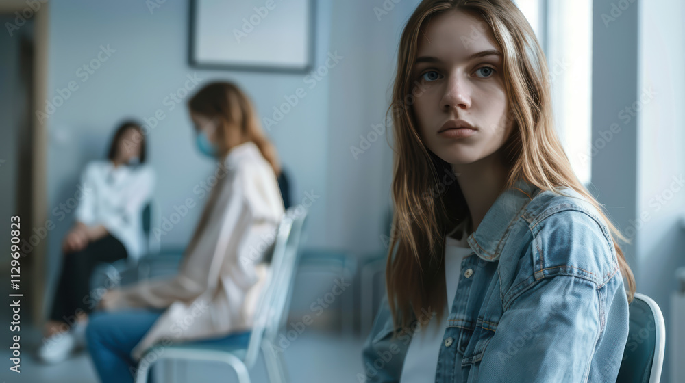 young woman with long hair sits in waiting room, looking concerned. atmosphere is tense, with other individuals in background appearing distant young woman with long hair sits in waiting room, looking concerned. atmosphere is tense, with other individuals in background appearing distant