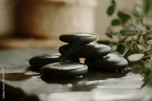 Relaxing spa ritual with smooth hot stones arranged for a tranquil massage session, AI Generated photo