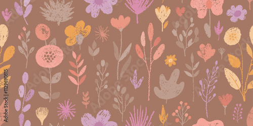 Mocha mousse color of year 2025 pattern. Flower background, seamless mocha mousse color vector texture. Brush crayon floral abstract pattern. Brown cute summer spring autumn bg. 2025 trendy palette