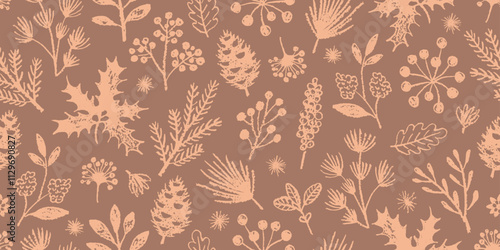Сhristmas pattern in mocha mousse 2025 year color. Seamless floral mocha mousse and pink Christmas vector. Winter plant for 2025 bg. Flower background. Crayon pastel holiday design with cute mistletoe